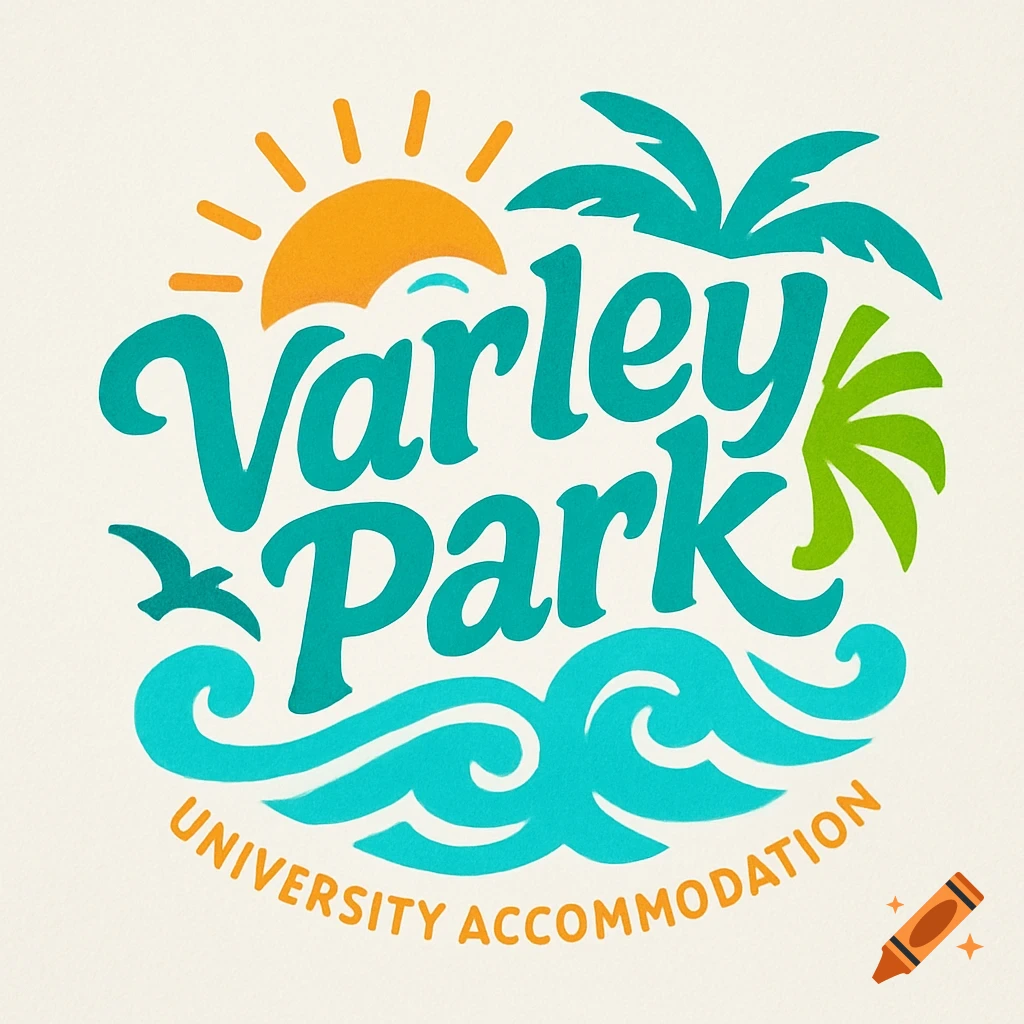 A colorful logo for Varley Park University Accommodation featuring a sun, palm trees, waves, and a bird in a seaside theme.