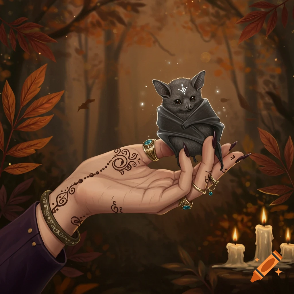A witchy hand with henna and rings holds a tiny bat in an autumn forest with glowing candles.