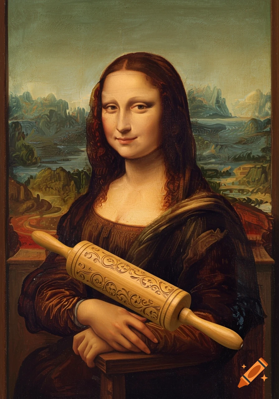 The Mona Lisa depicted in her classic oil painting style, holding a wooden rolling pin with intricate carvings.