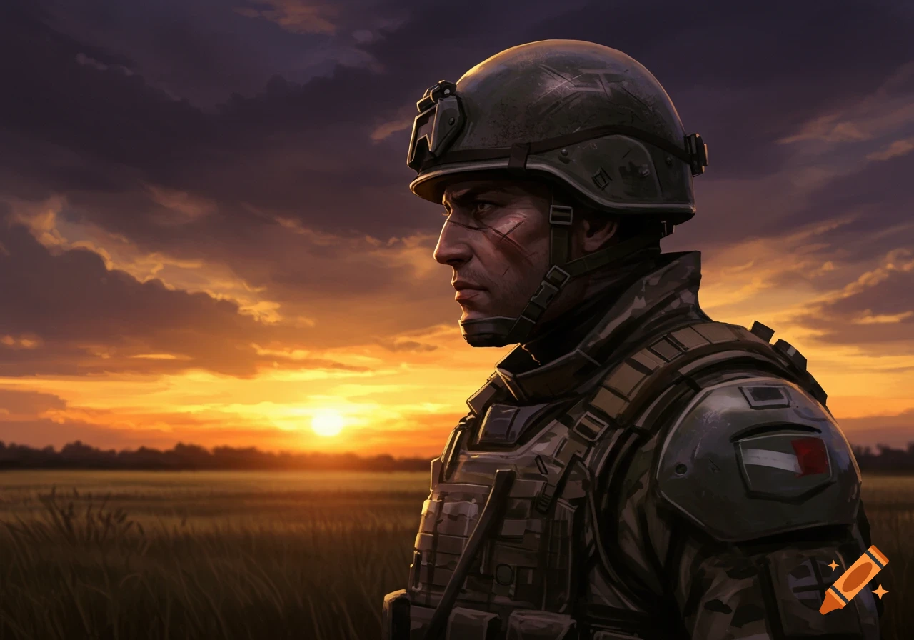 Profile view of a soldier in military gear and helmet, standing in a field against a vibrant sunset sky.