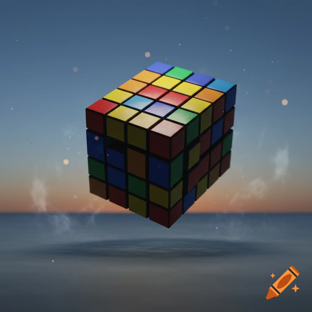 A scrambled Rubik's cube floats in the air above calm water, silhouetted against a vibrant sunset sky.