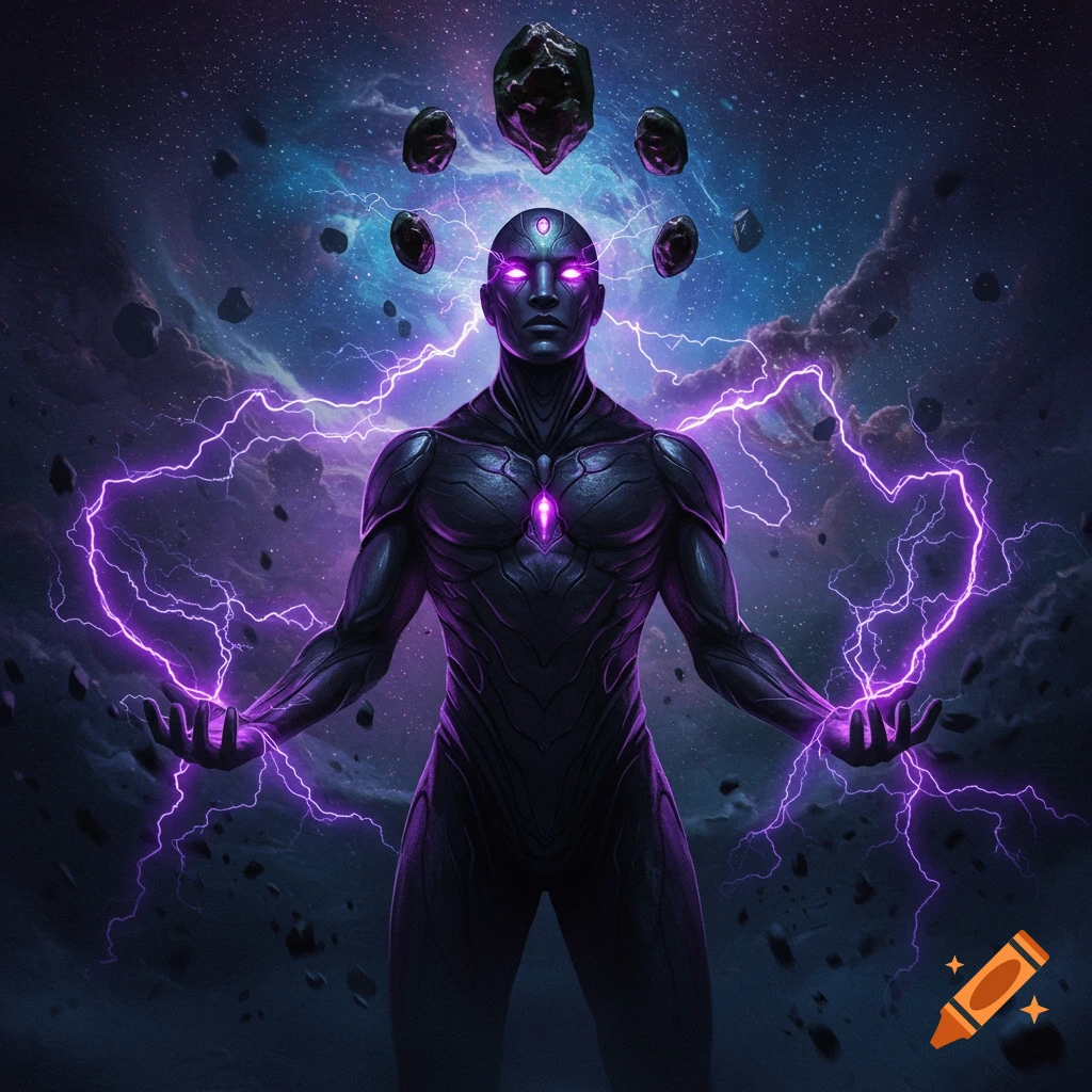 Dark humanoid figure with purple glowing eyes and electricity, levitating asteroid orbs in a cosmic background.
