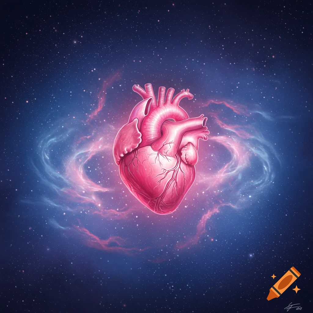 A vibrant pink anatomical heart floats in a cosmic blue and purple space filled with stars and glowing nebulae.