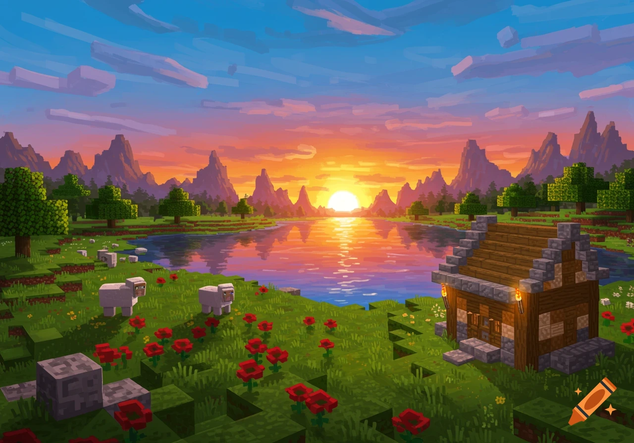 A blocky landscape reminiscent of Minecraft, featuring a lake, mountains, a small house, sheep, and red flowers under a vibrant sunset.