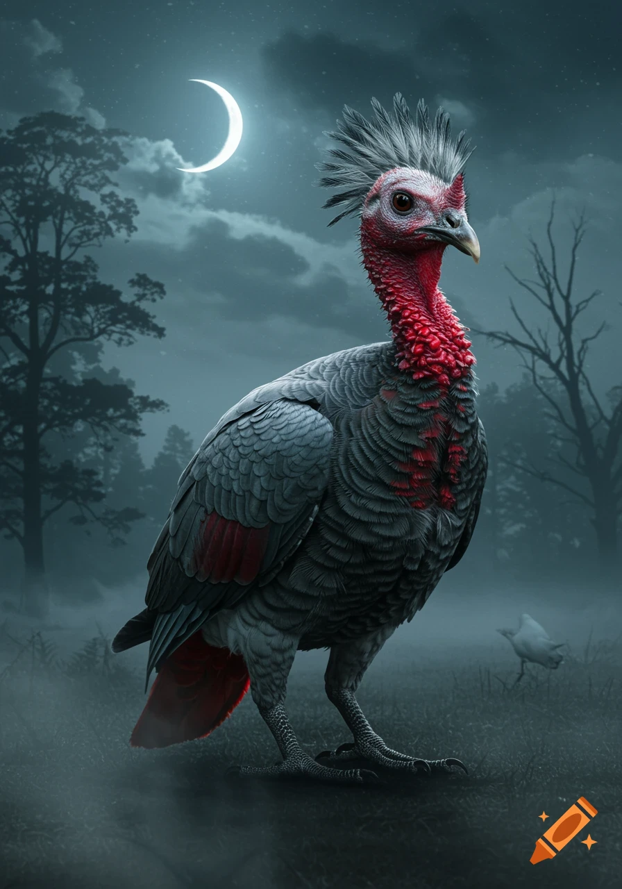 A grey and red terror turkey with spiky head feathers stands in a misty forest under a crescent moon at night.