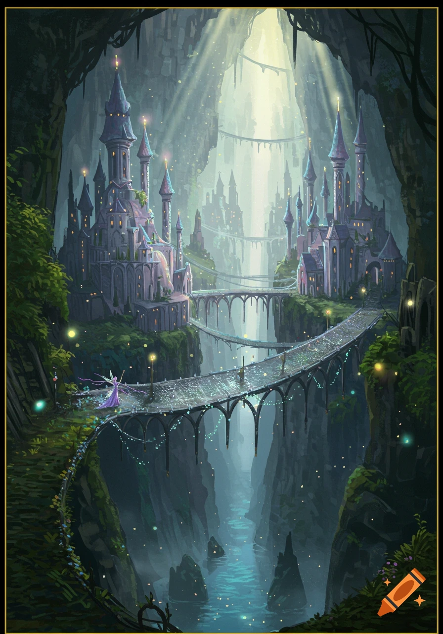 A detailed fantasy illustration of a fairy city with multiple castles and bridges spanning a deep gully, lit by sunbeams from above.