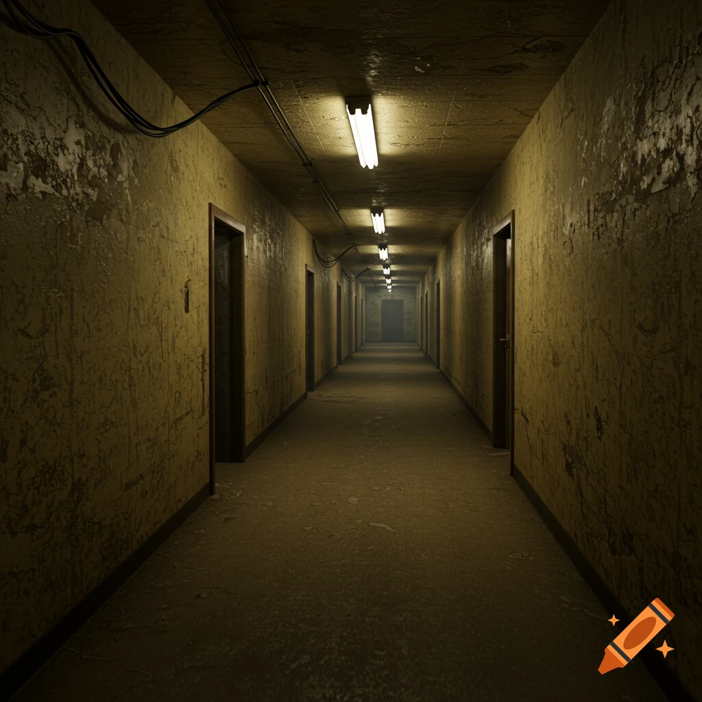 A long, dimly lit, narrow hallway with dirty yellow walls, lined with dark doors and illuminated by fluorescent lights, receding into darkness.