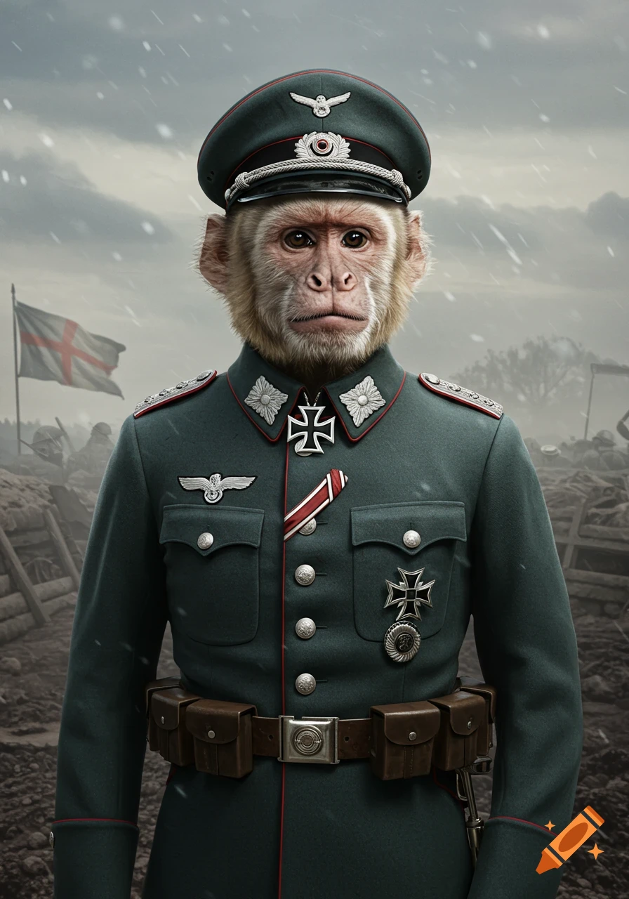 A photorealistic image of a monkey wearing a detailed World War I German officer's uniform, standing in a snowy battlefield with trenches and a flag in the background.