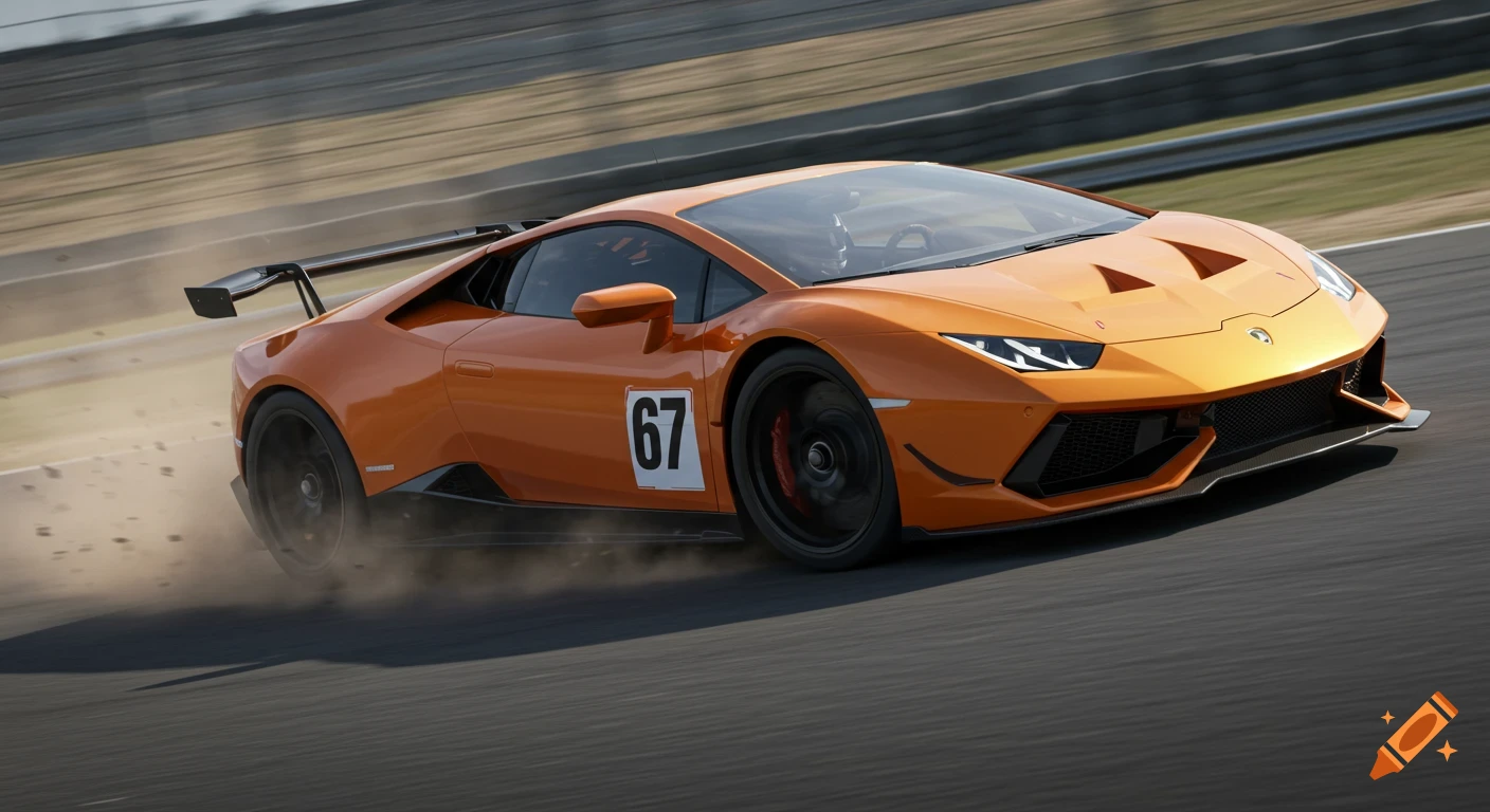 An orange Lamborghini race car with the number 67 on its side speeds on a track, kicking up dust.