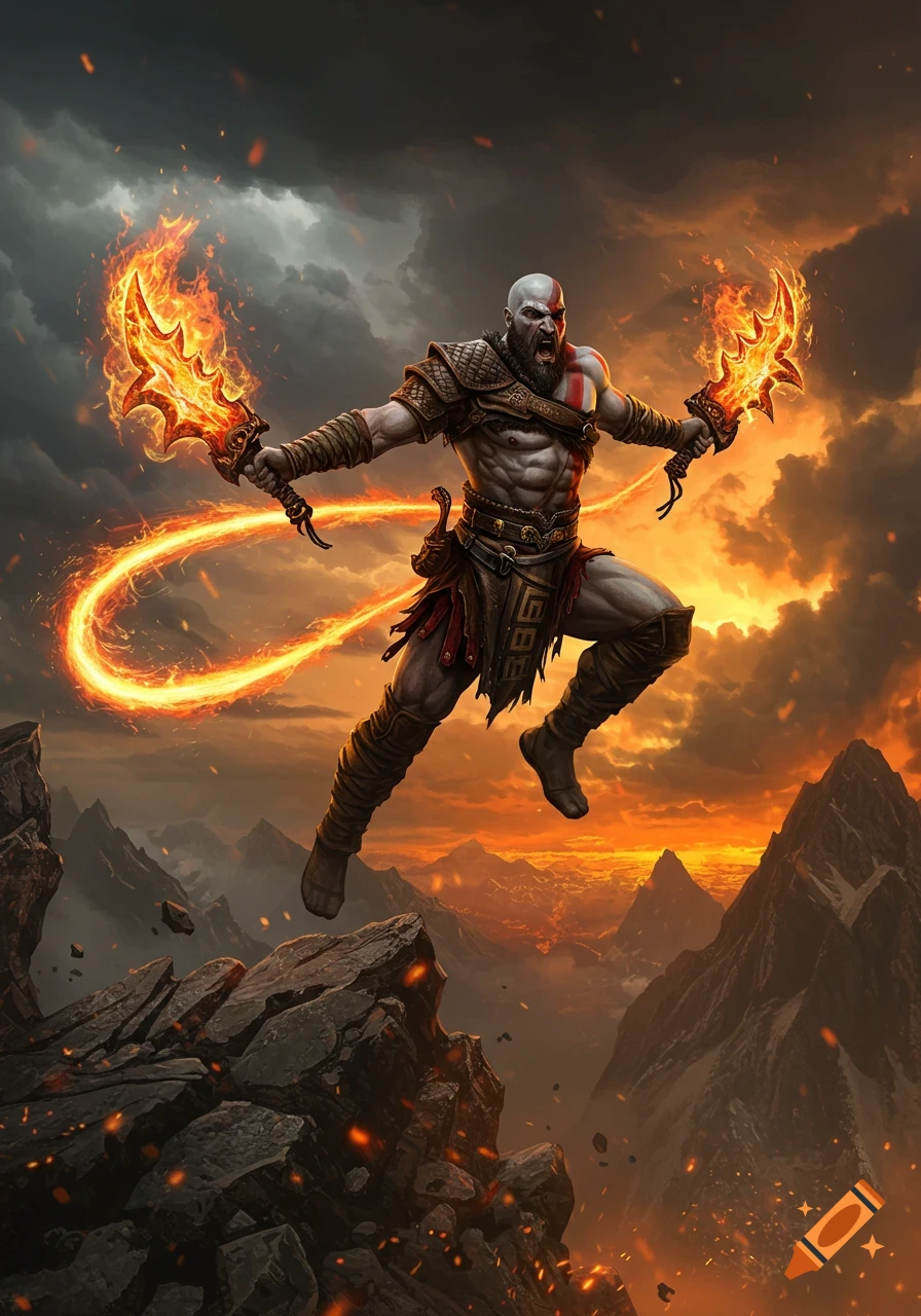 Kratos, from God of War, jumps powerfully over rocky mountains wielding two flaming Blades of Chaos against a fiery, dramatic sky.