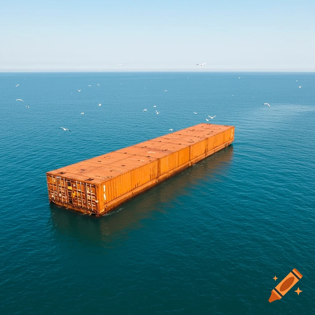 An orange shipping container floats on calm blue ocean water with seagulls flying above.