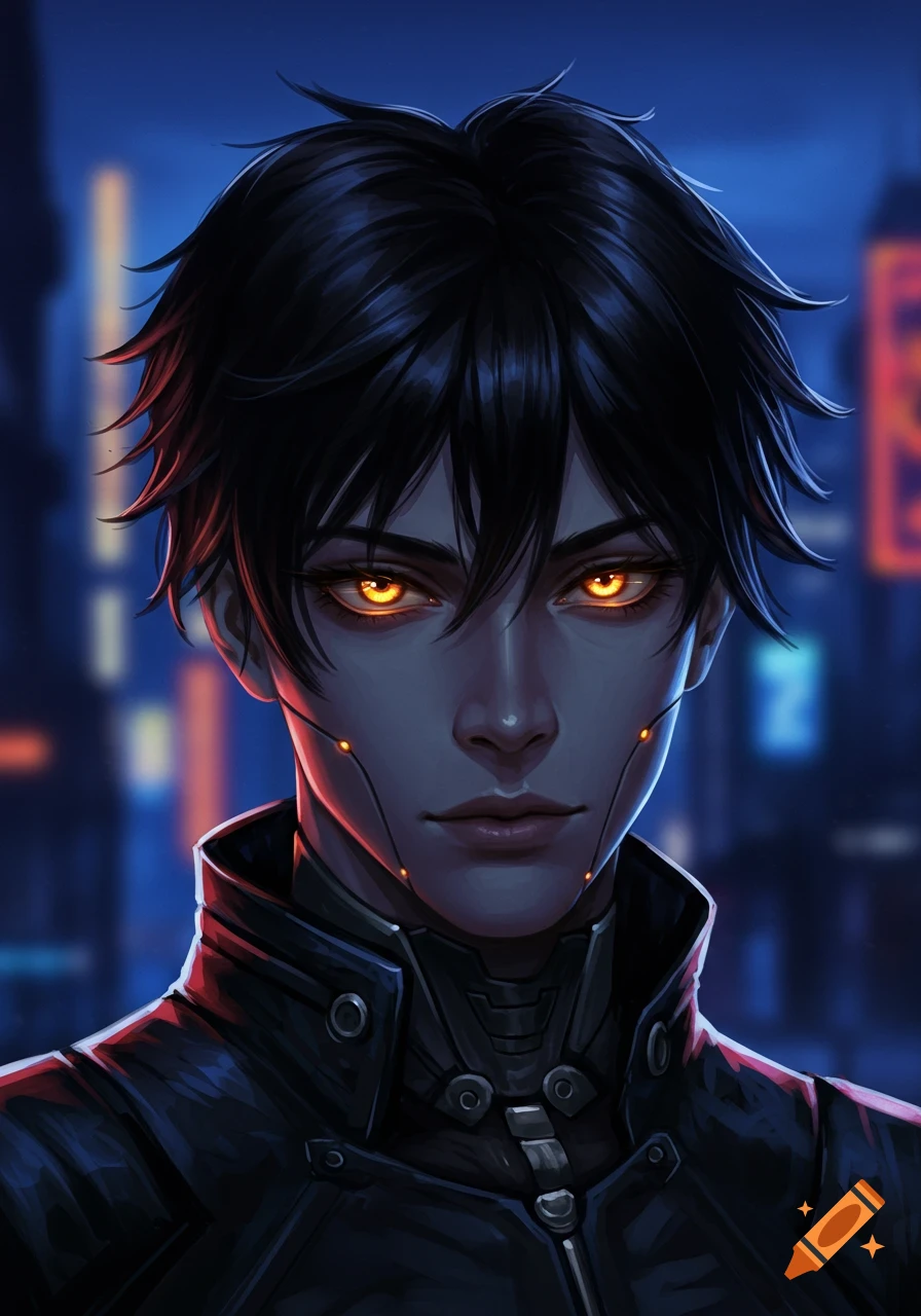 Anime-style portrait of a character with short black hair and glowing orange eyes, featuring futuristic facial implants and a dark cyberpunk city background.