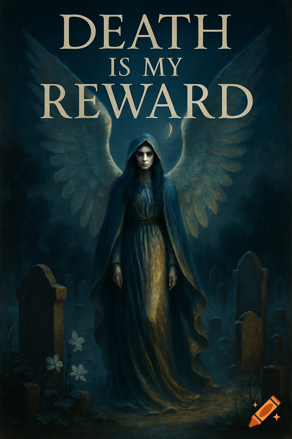 A dark fantasy painting of a cloaked angel with wings standing in a moonlit graveyard. Text reads "DEATH IS MY REWARD".