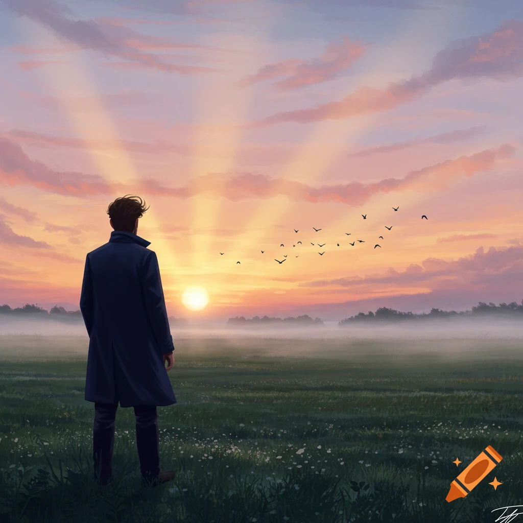 A man in a dark coat stands in a misty green field, looking towards a bright orange sunset with rays of light and birds flying.