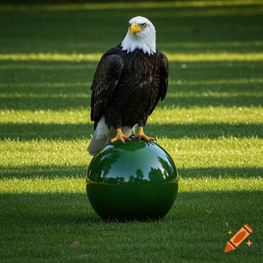 A majestic bald eagle stands atop a shiny green sphere on a vibrant green lawn.