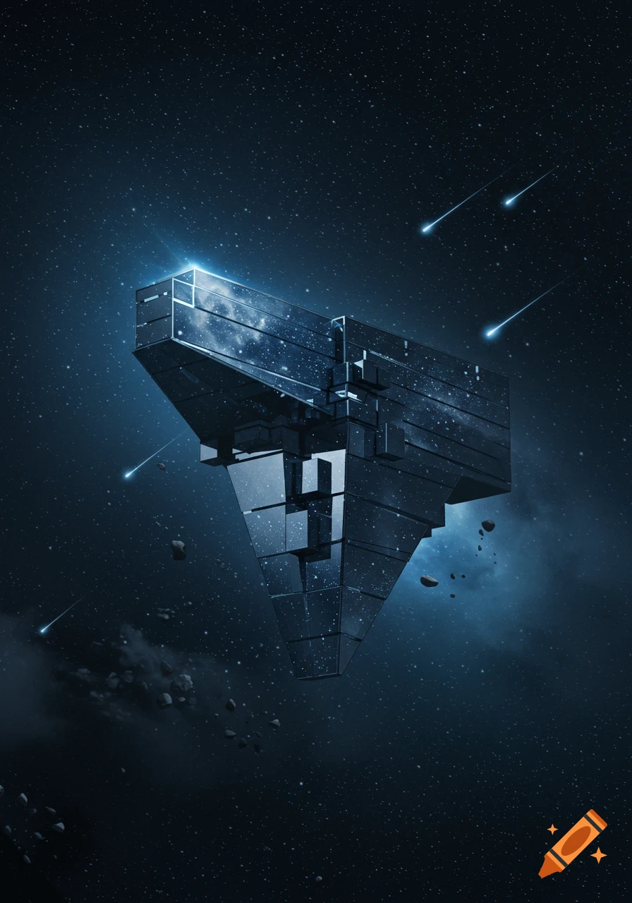 A dark, geometric spaceship with reflective surfaces floats in a star-filled deep space with bright meteors streaking by.