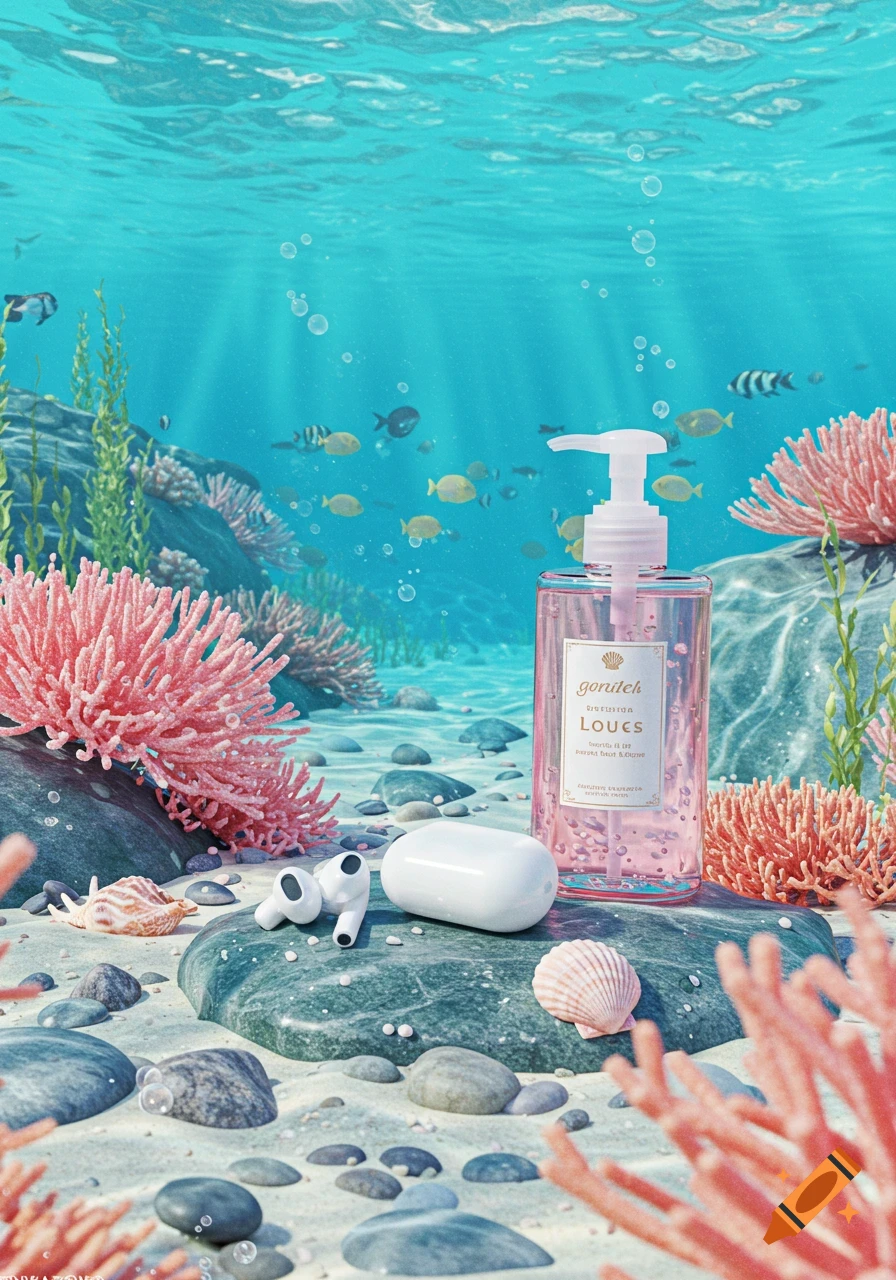 A pink lotion bottle and white AirPods sit on rocks and sand in a vibrant underwater scene with coral and fish.