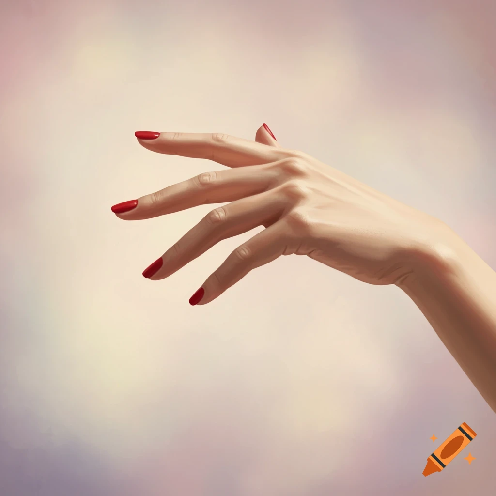 A feminine hand with red nail varnish, palm down, against a soft, diffused background. Painting style.