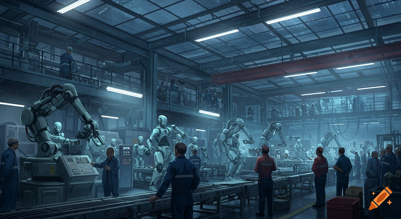 A futuristic factory with human workers overseeing robots assembling products on a conveyor belt, bathed in cool blue light.