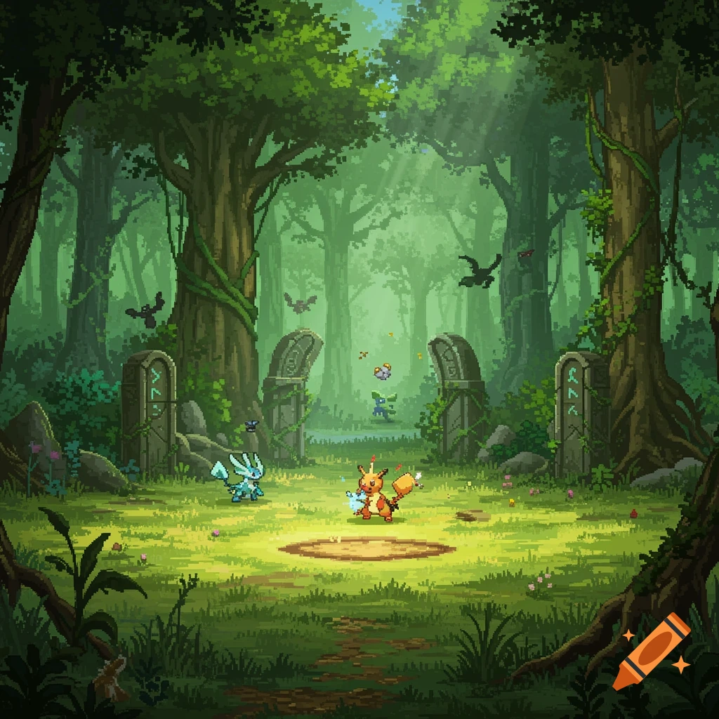 Pixel art scene of two Pokemon-like creatures in a sunlit forest clearing with ancient stone archways and overgrown trees.