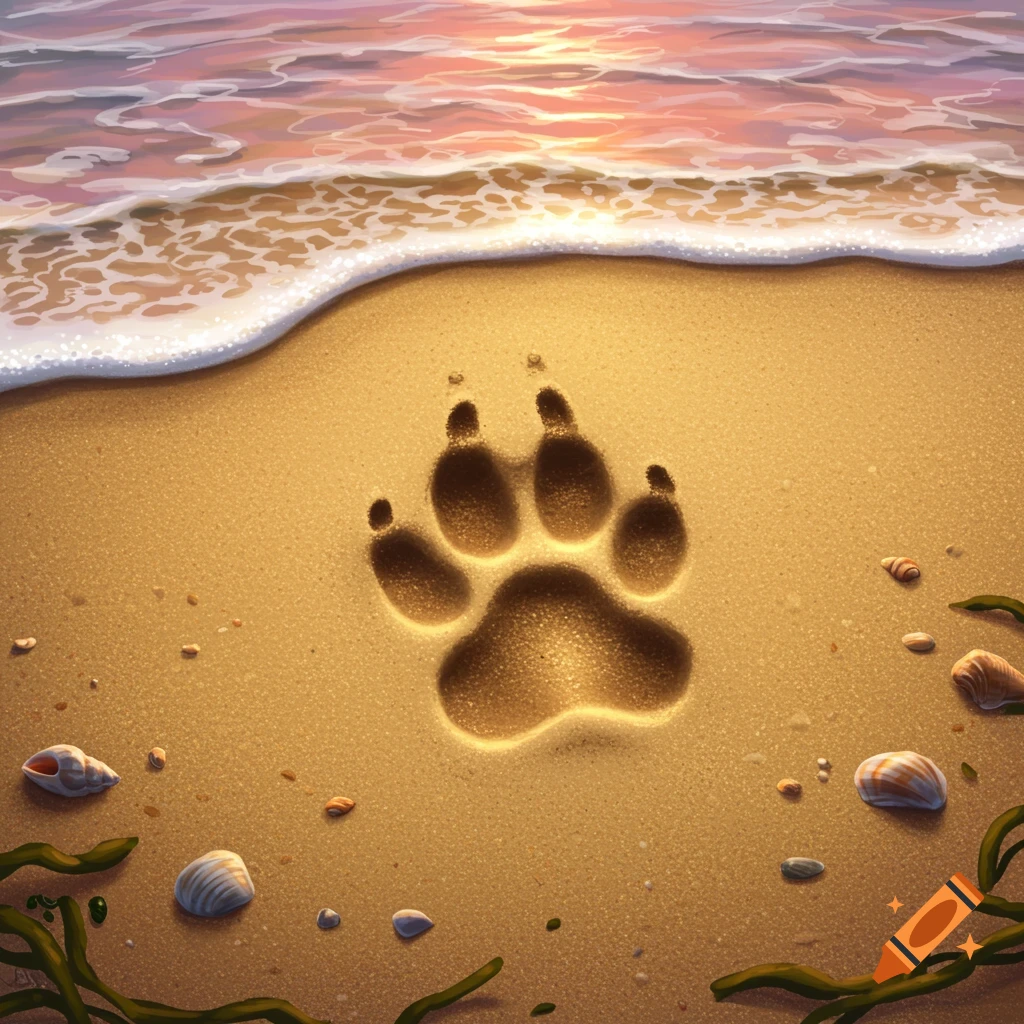 Large paw print in the golden sand on a beach with gentle waves and a sunset sky reflecting on the water.