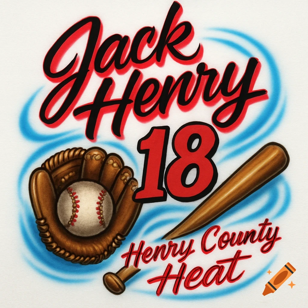 An airbrushed design featuring a brown baseball glove holding a baseball, a wooden baseball bat, and the text "Jack Henry 18" and "Henry County Heat" in red, all surrounded by blue swirling strokes on a white background.