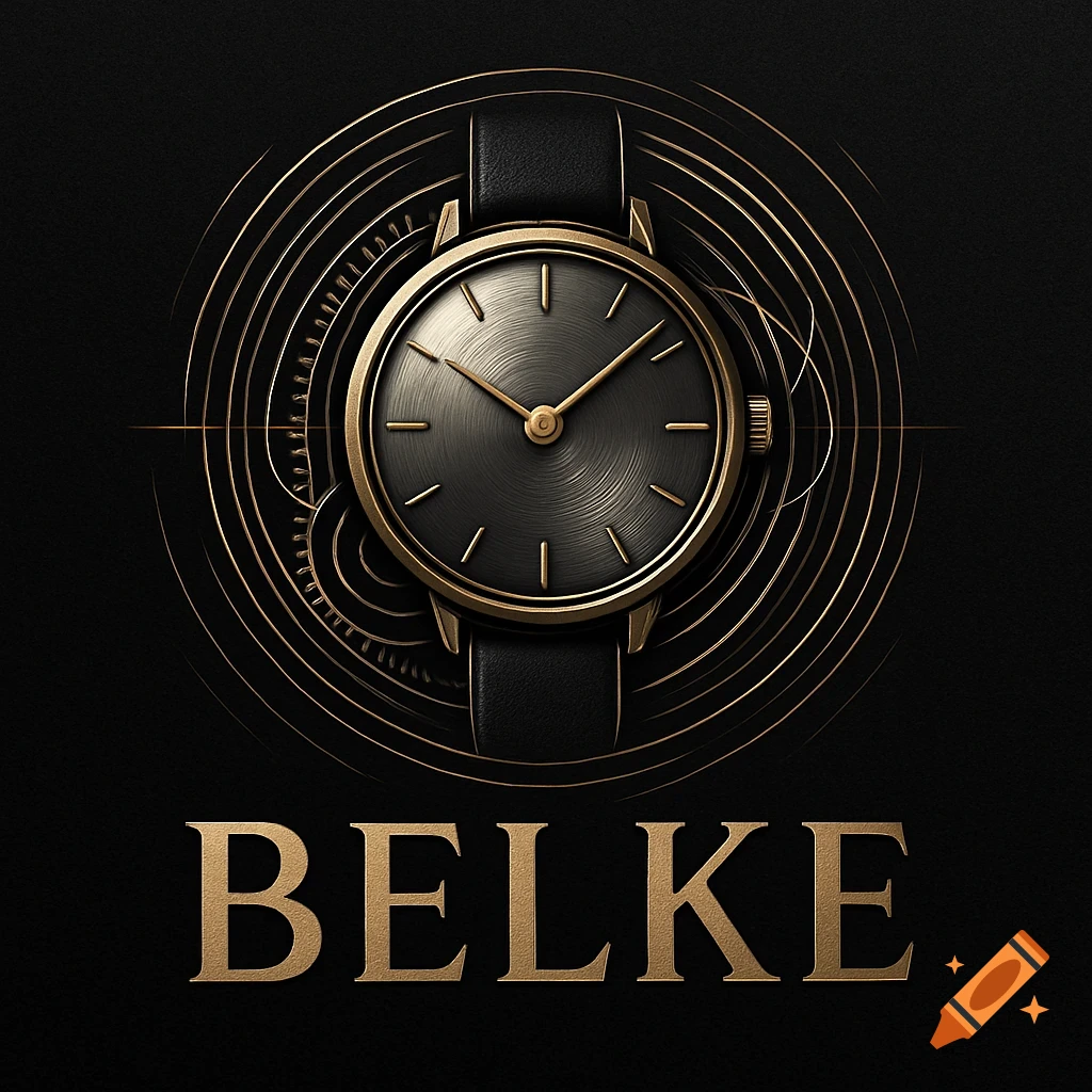 A minimalist watch logo with a black and gold watch, surrounded by golden concentric circles and gears, above the gold word BELKE on a dark background.