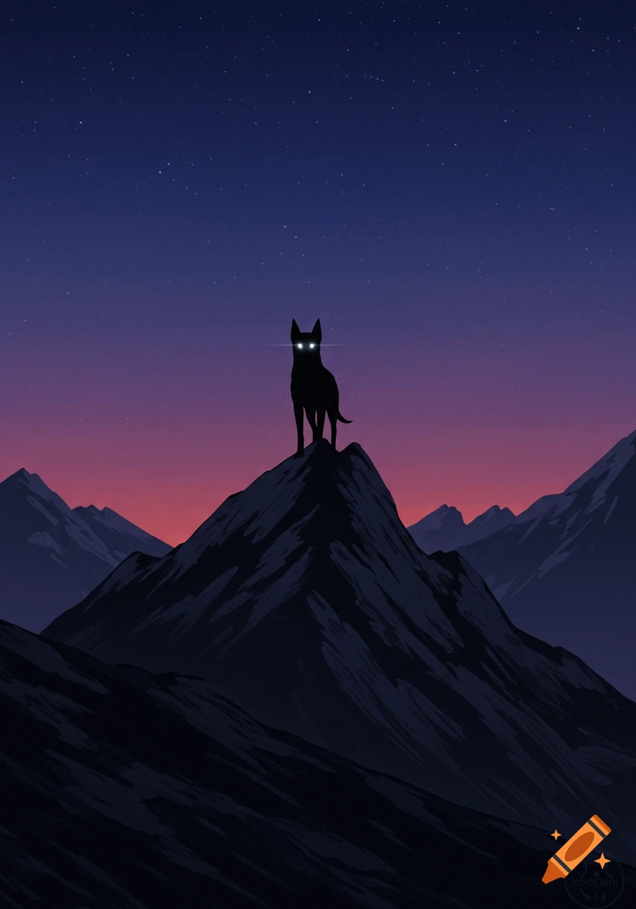 A silhouetted black dog with glowing eyes stands atop a rugged mountain against a starry, purple-orange twilight sky, in a stylized illustration.