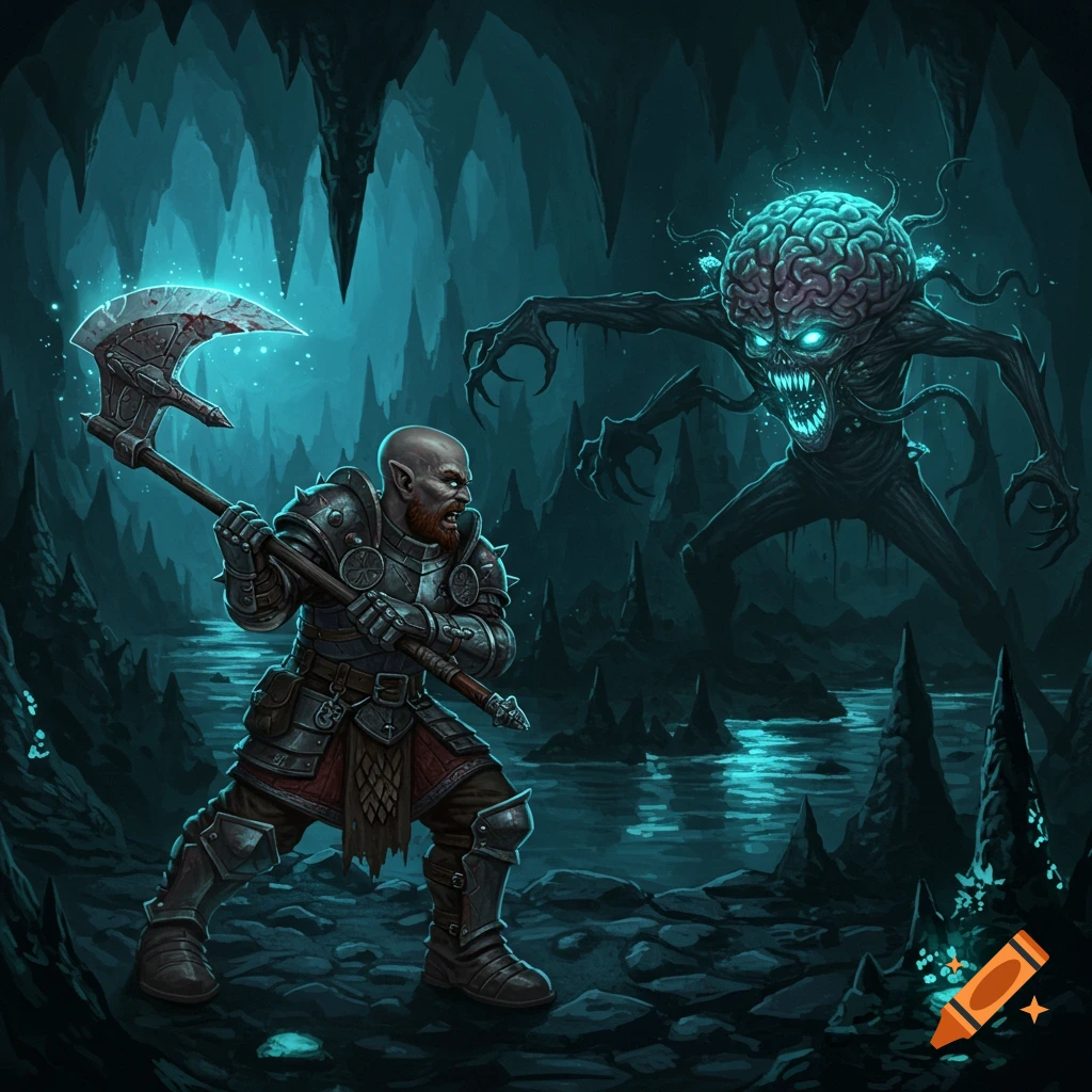 A bald, grey-skinned gnome in armor wields an axe, battling a monstrous brain-creature in a glowing turquoise cave.