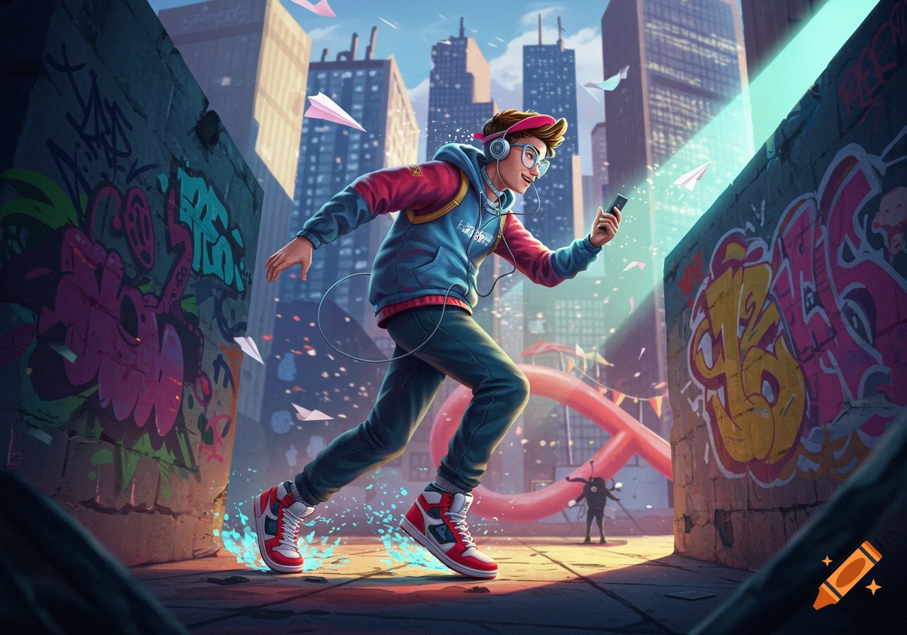A stylized young man in a hoodie and headphones runs through a city alleyway with vibrant graffiti, holding a phone with a light beam.
