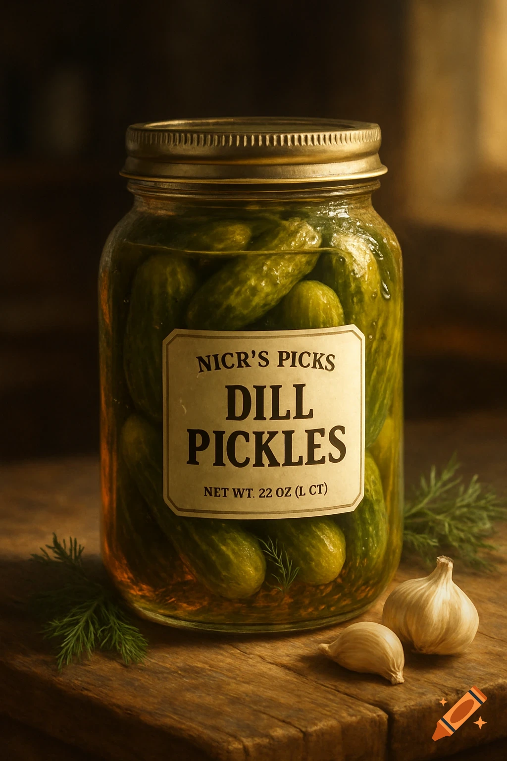 A photorealistic image of a glass jar filled with dill pickles, featuring a label, resting on a wooden surface with garlic cloves and fresh dill sprigs nearby.