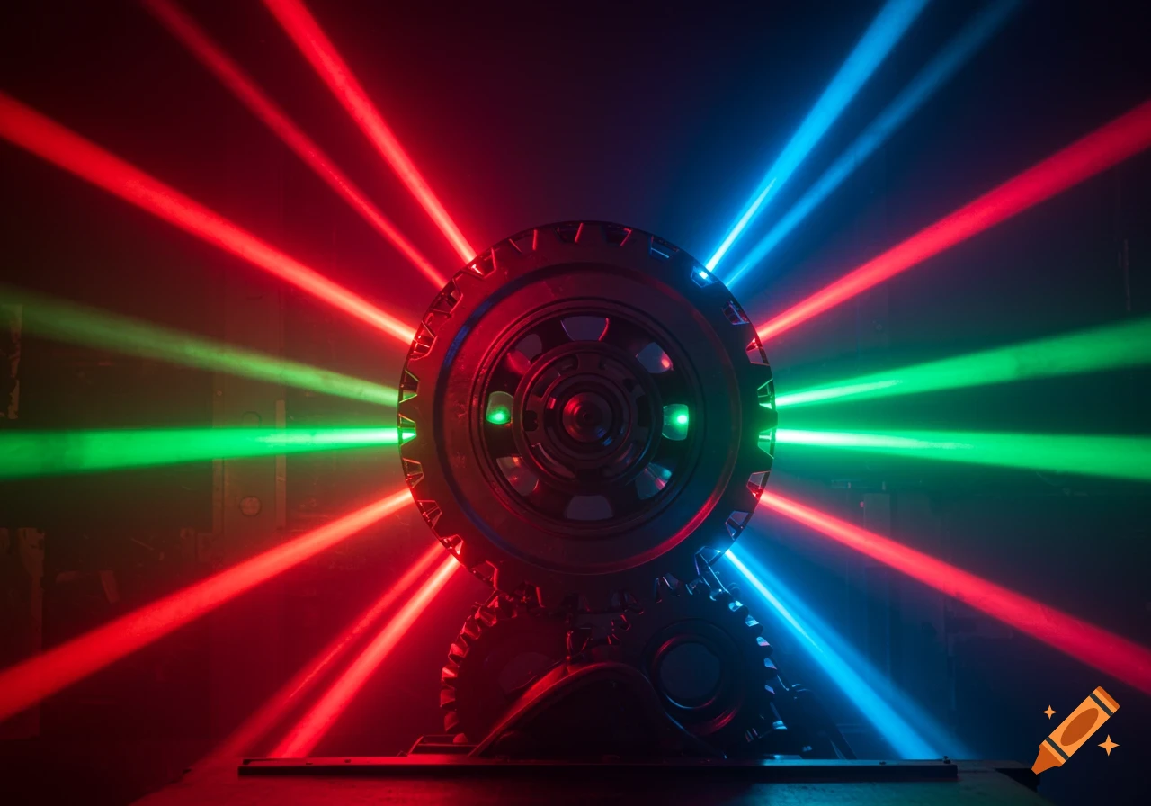 A dark image of a cog wheel with vibrant red, green, and blue light rays radiating outwards.