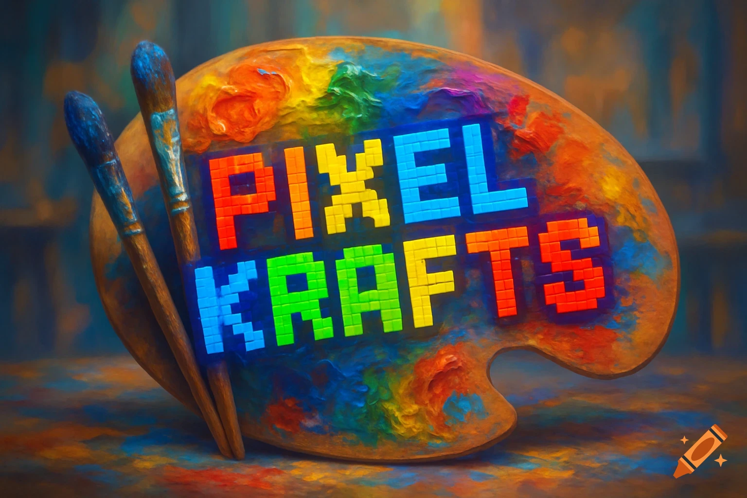 A colorful painter's palette with paint blobs and two paintbrushes, featuring 'PIXEL KRAFTS' in colorful pixel letters.