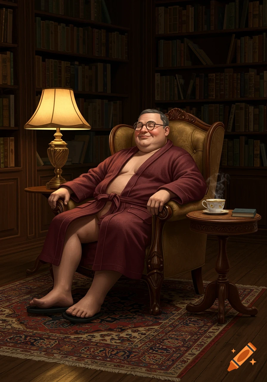A photorealistic portrait of an obese man in a red bathrobe, sitting comfortably in a library armchair with a lamp and teacup.