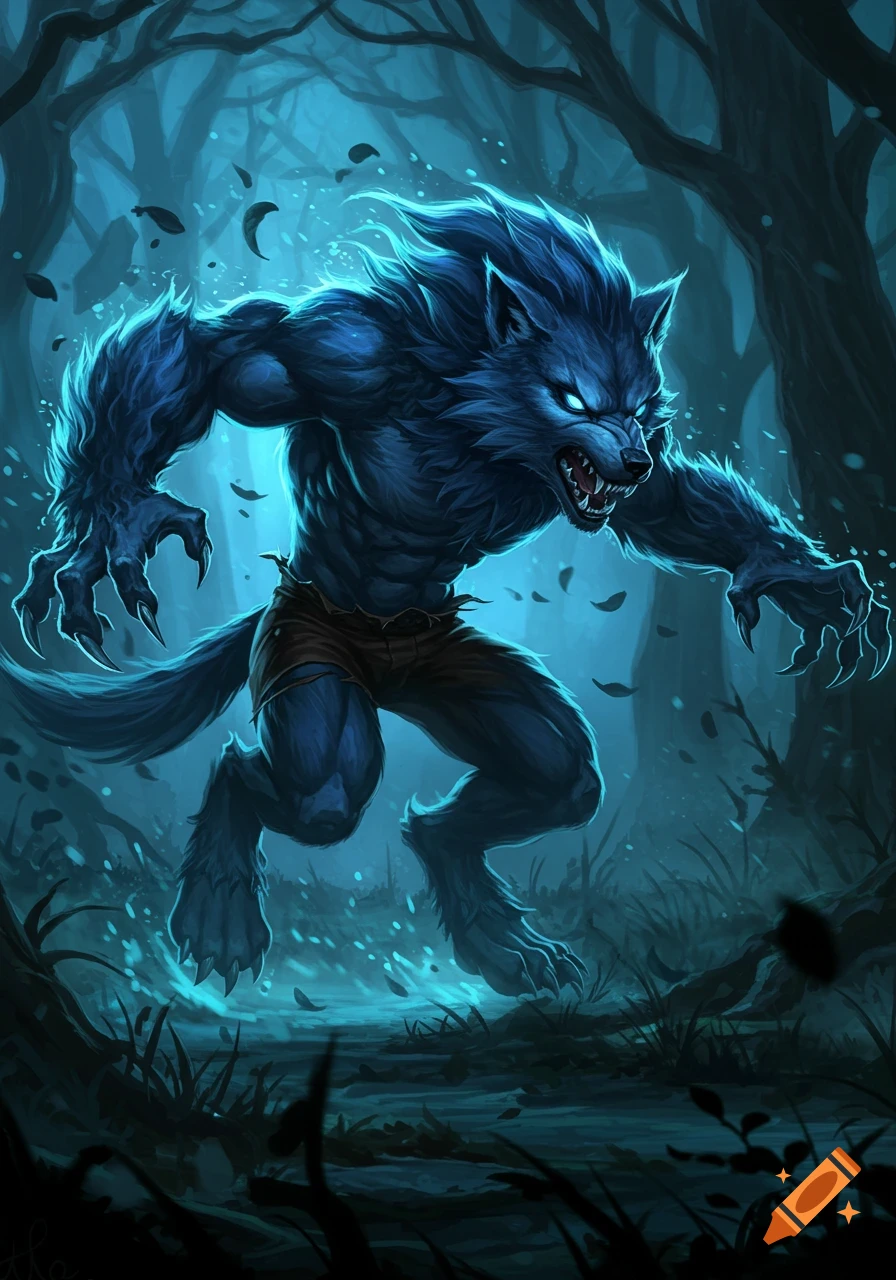 A muscular blue-furred werewolf with glowing eyes and sharp claws crouches aggressively in a dark, mystical forest.
