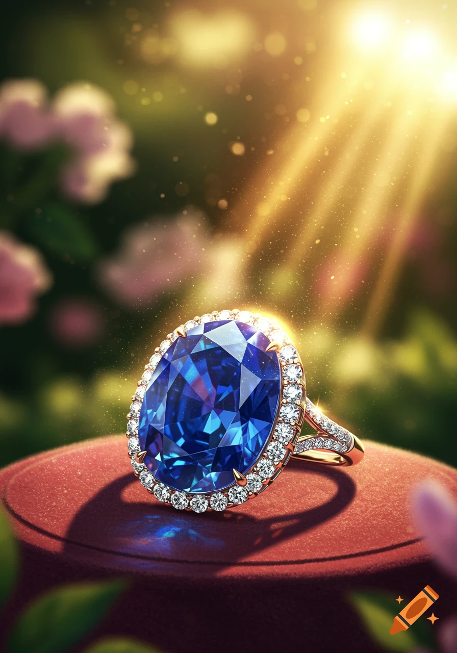 An oval blue sapphire ring with a diamond halo on a red surface, illuminated by golden sunbeams in a lush outdoor setting.
