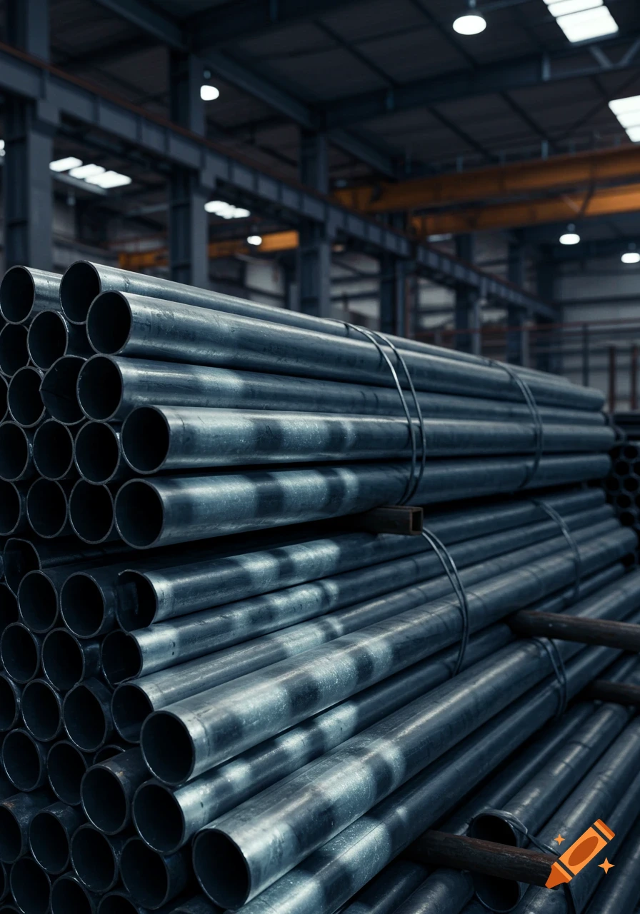 Bundles of galvanized steel tubing stacked in a dimly lit industrial warehouse, photorealistic.