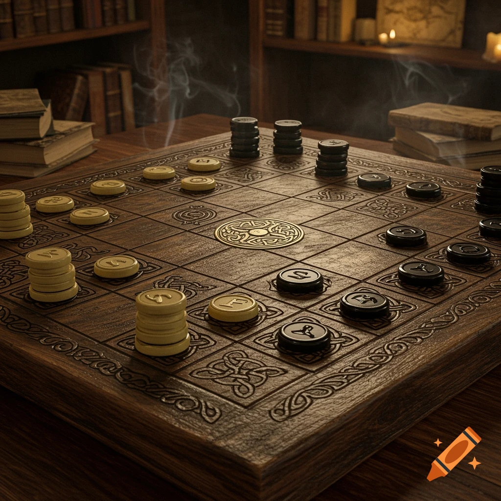 A detailed wooden brandubh board with black and white game pieces, surrounded by old books and candles.