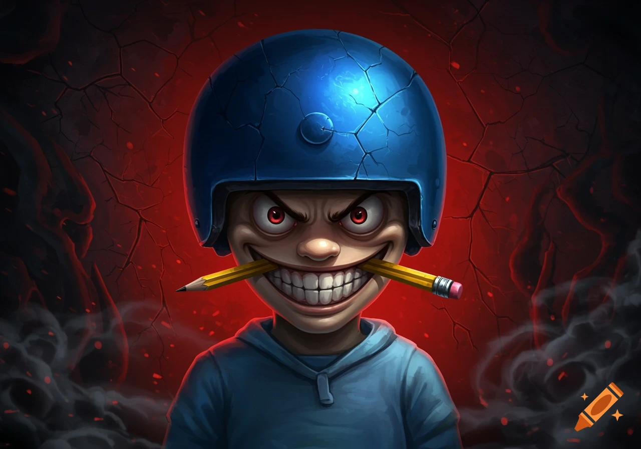 A menacing cartoon character with a blue helmet, red eyes, and a wide grin, biting a pencil, against a cracked red background.