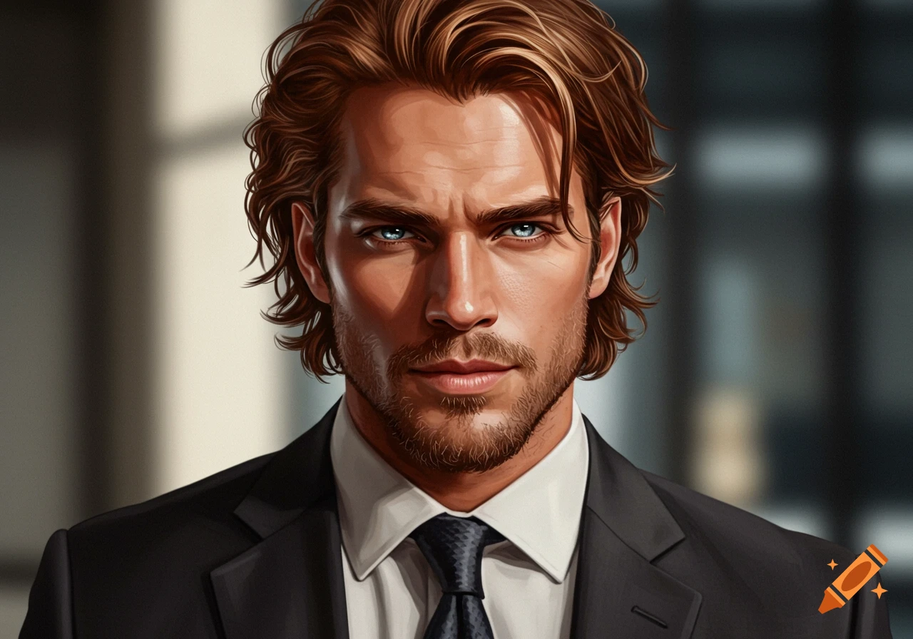 A photorealistic portrait of a handsome man with brown hair and blue eyes, wearing a suit and tie.