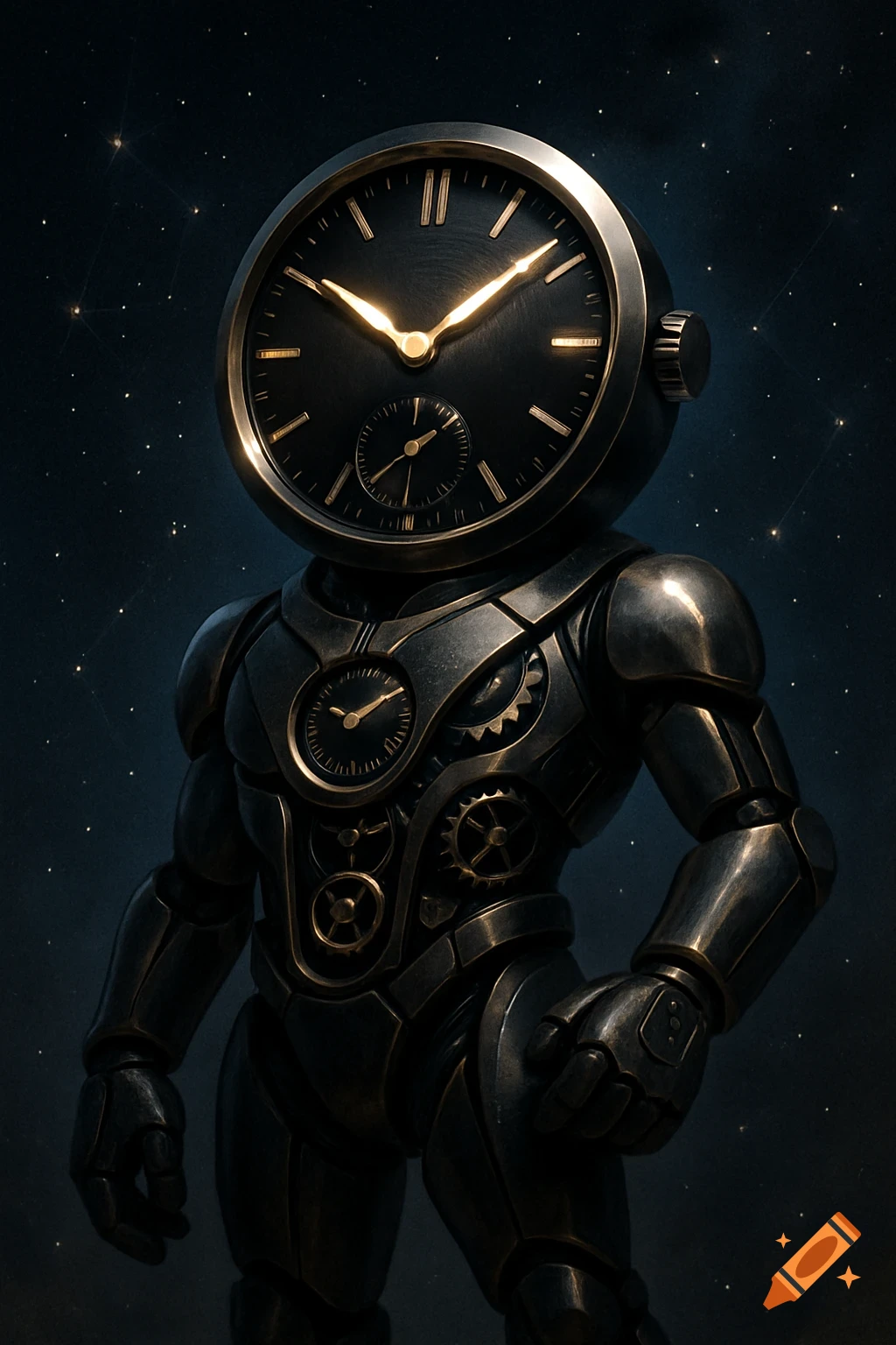A metallic, humanoid robot with a large clock face as its head stands against a starry, dark blue background.