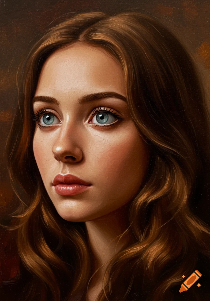 Close-up oil painting of a young woman with long brown hair and expressive blue eyes looking up.