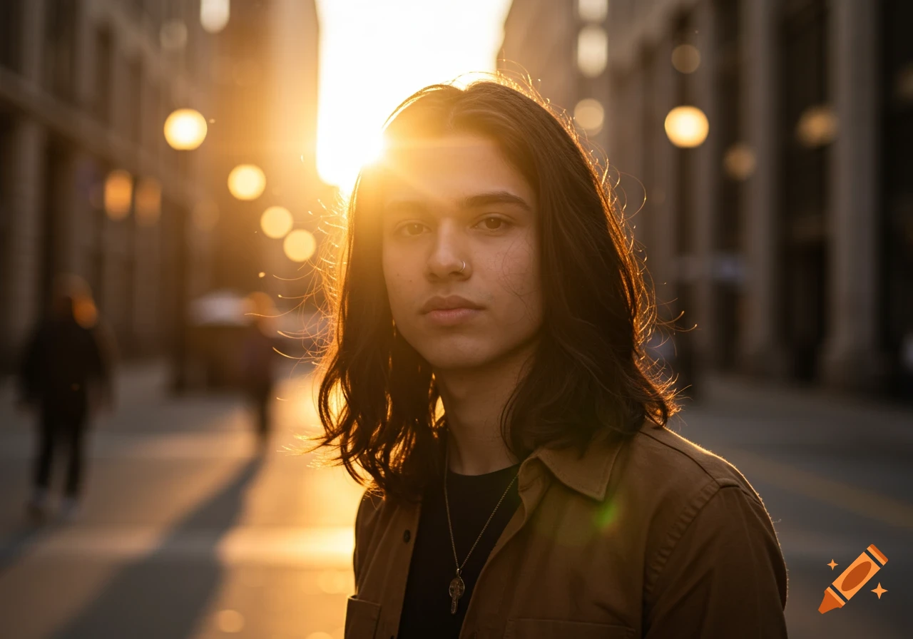 Young person with long dark hair backlit by a golden sunset on a city street.