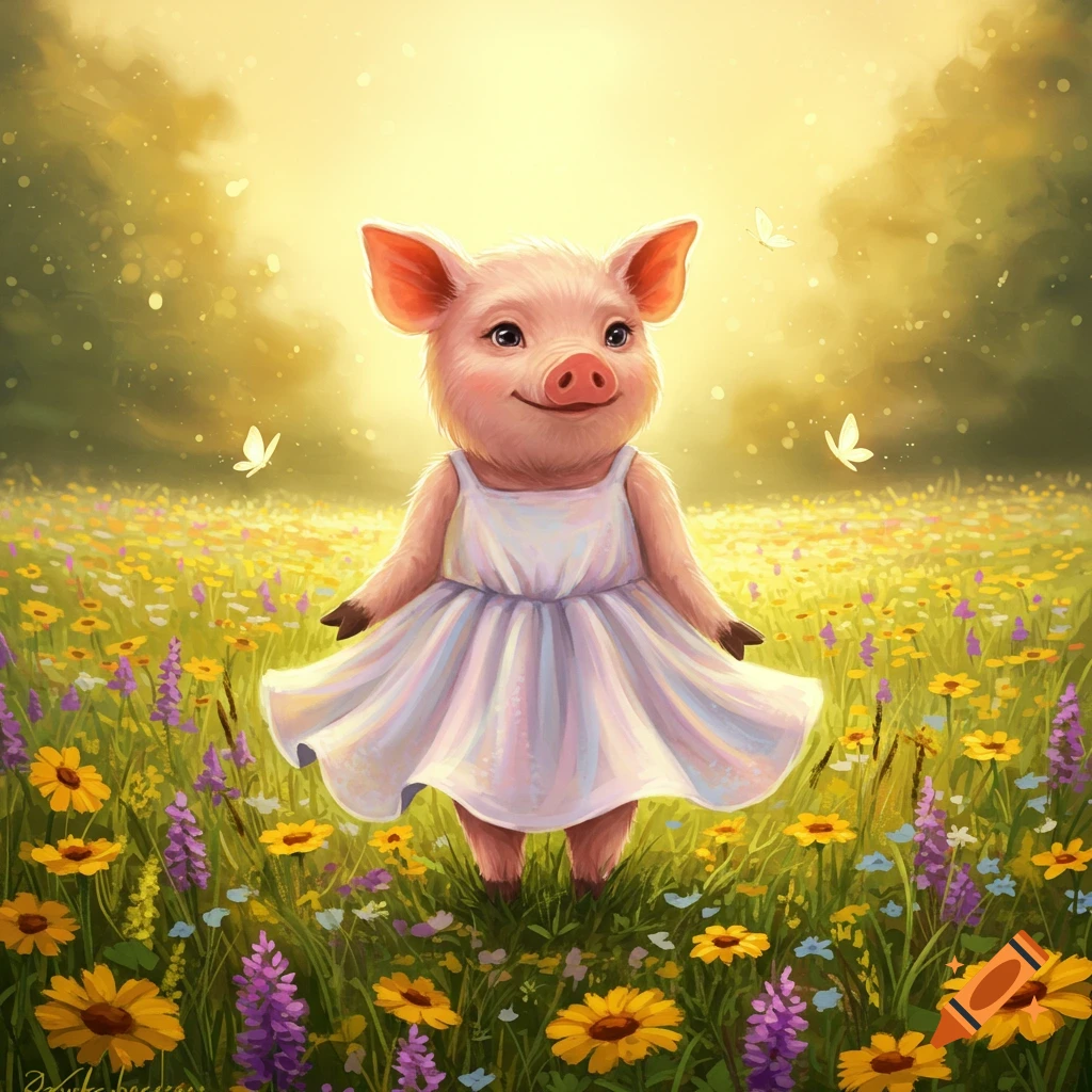 A cute piglet wearing a white dress stands in a vibrant field of yellow and purple wildflowers under a bright, sunny sky.