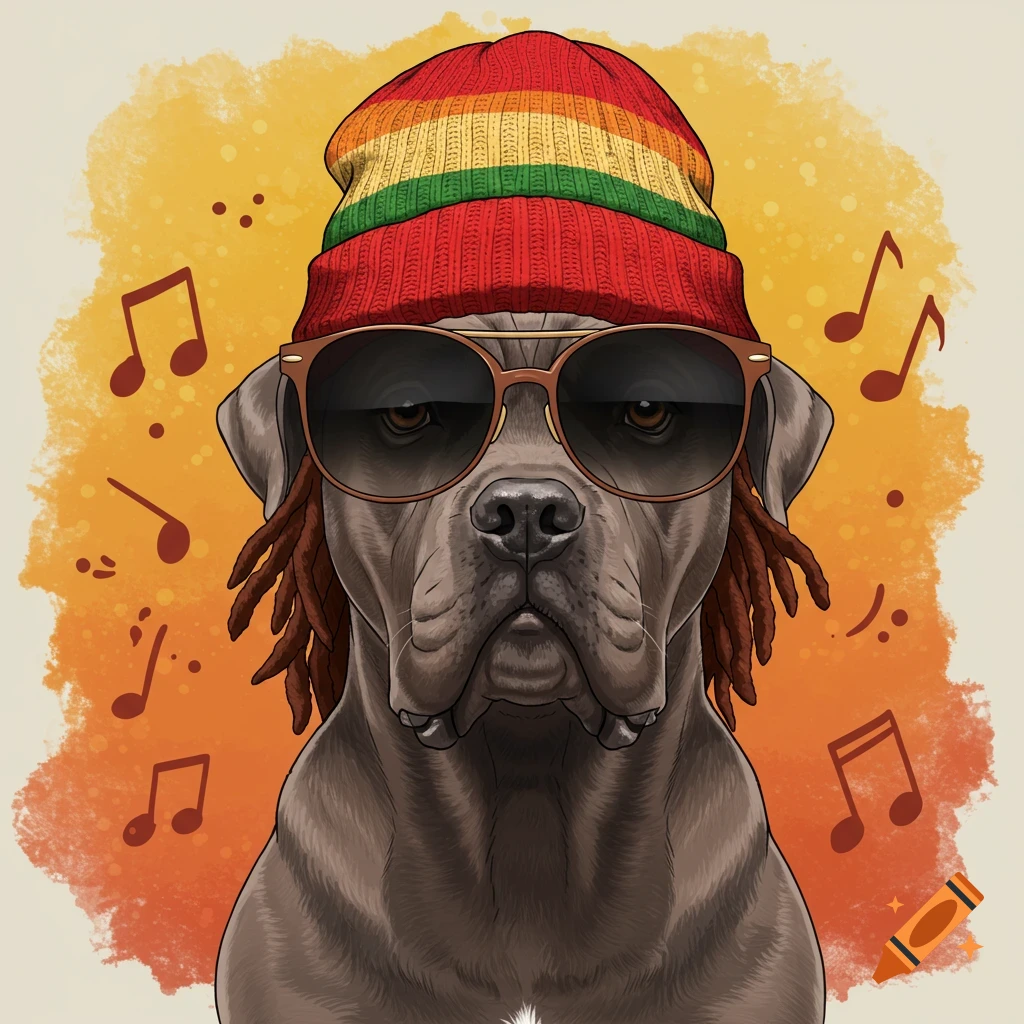 A caricature of a Cane Corso dog wearing a red, yellow, and green Rasta beanie and black sunglasses, with musical notes floating around it.