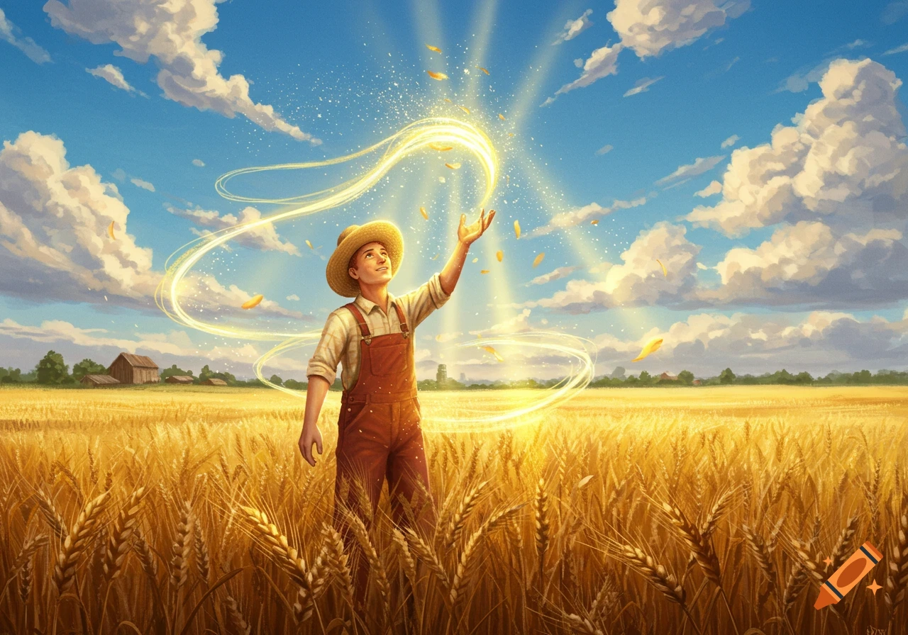 A farmer in a straw hat and overalls stands in a golden wheat field, reaching up to glowing golden light swirling from the sky.