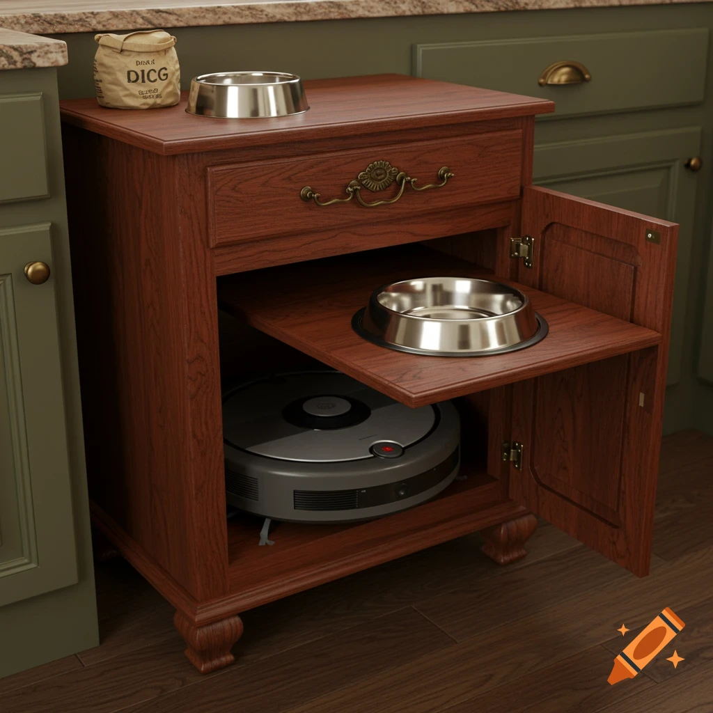 A dark wooden cabinet with two metal dog food bowls, one on top and one on a pull-out shelf, with a robot vacuum stored below. It is in a kitchen setting with green cabinets.