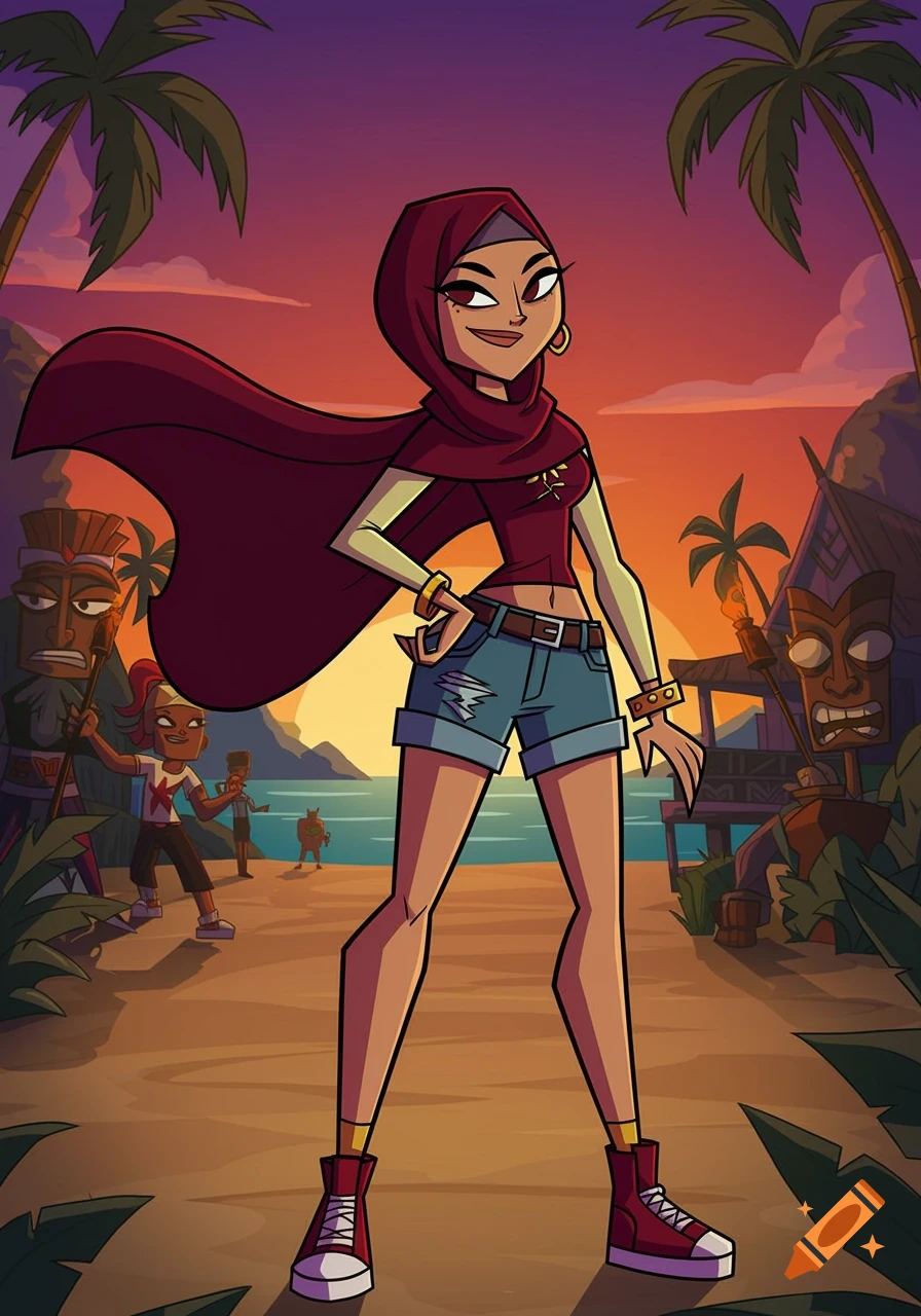 A stylized cartoon young woman in a maroon hijab and jean shorts stands confidently on a tropical beach at sunset.