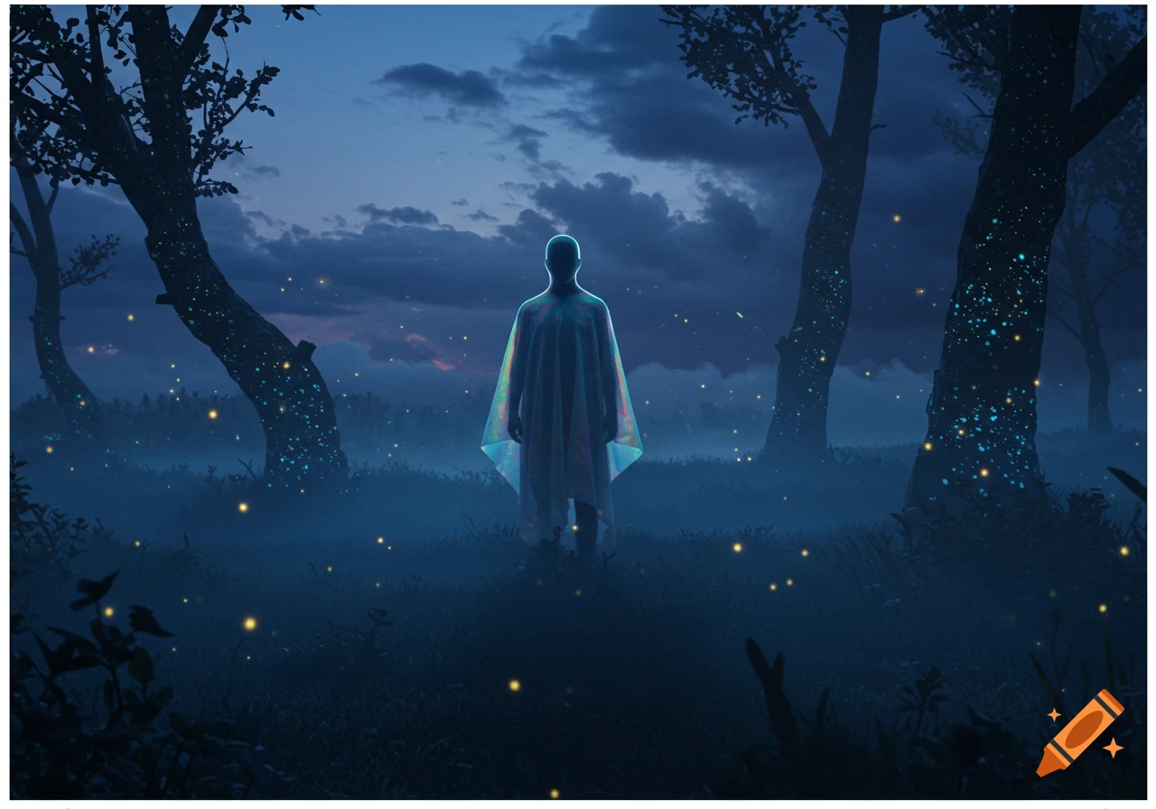 Silhouette of a person in an iridescent poncho in a misty, dark blue forest with glowing trees and fireflies.