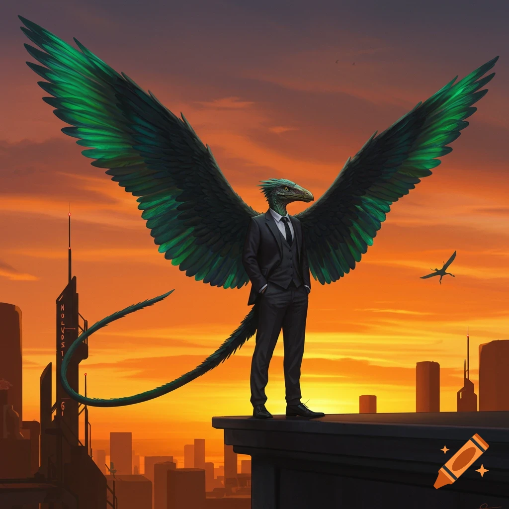 A reptilian creature in a black suit with large green wings and a long tail stands on a city rooftop against a vibrant sunset.